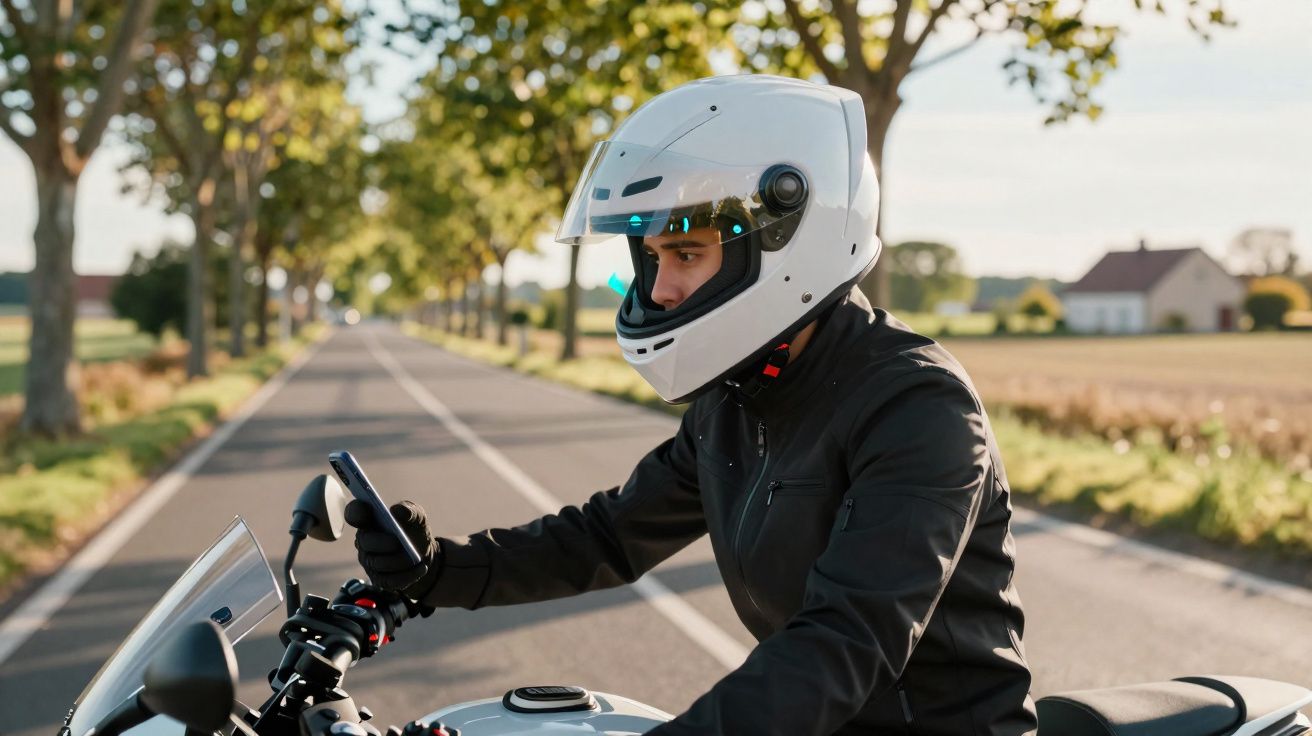 Motorcyclist in white helmet and black jacket checks phone while sitting on bike on country road.