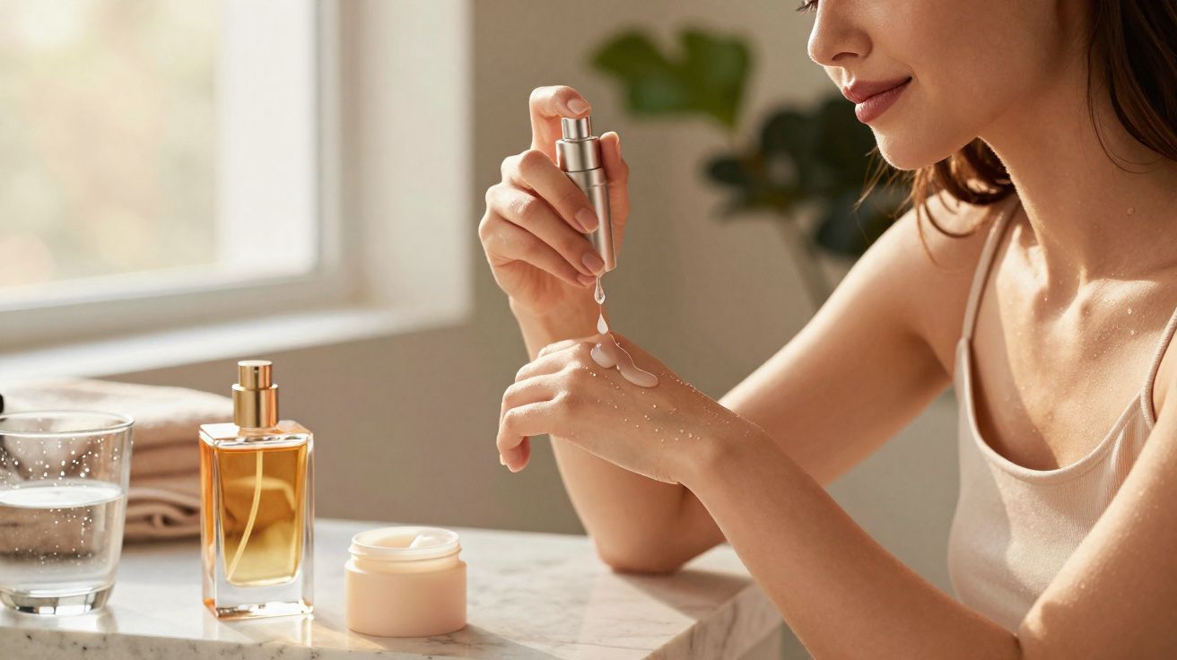 Woman applying skincare serum onto the back of her hand at a marble table with beauty products nearby.