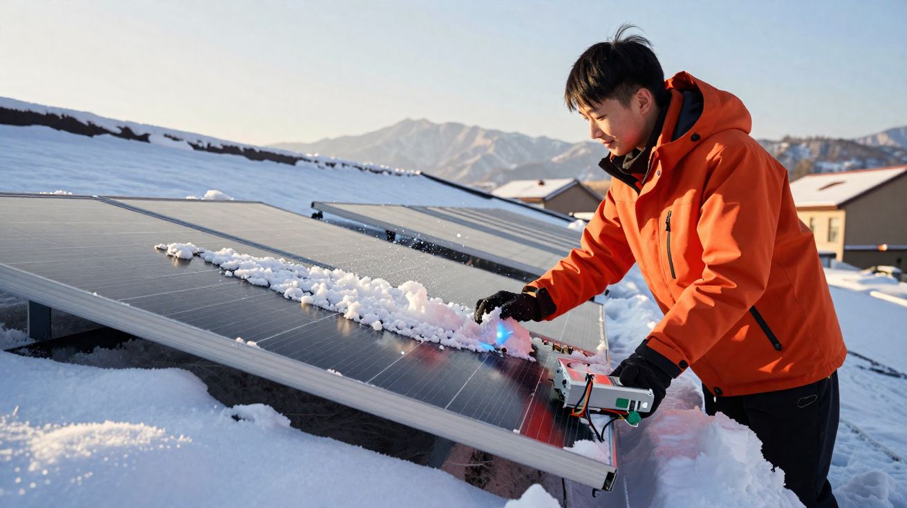 Person in orange jacket clearing snow from solar panels on a rooftop in a snowy mountain area.