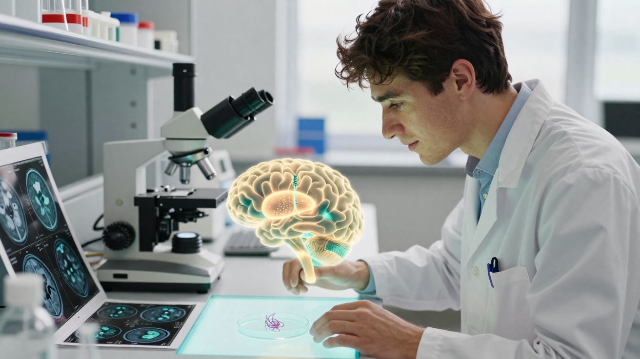 Scientist in lab coat analysing brain hologram and brain scans on computer in a laboratory setting.