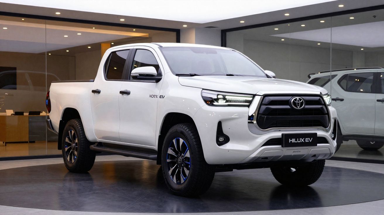 White Toyota Hilux EV electric pickup truck displayed indoors on a rotating platform.