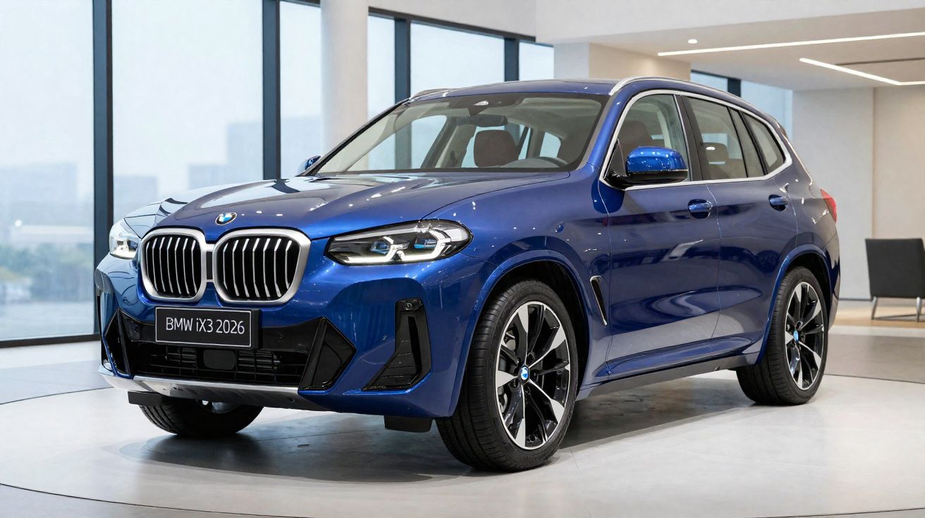 Blue BMW iX3 2026 electric SUV displayed indoors with large windows and modern decor.