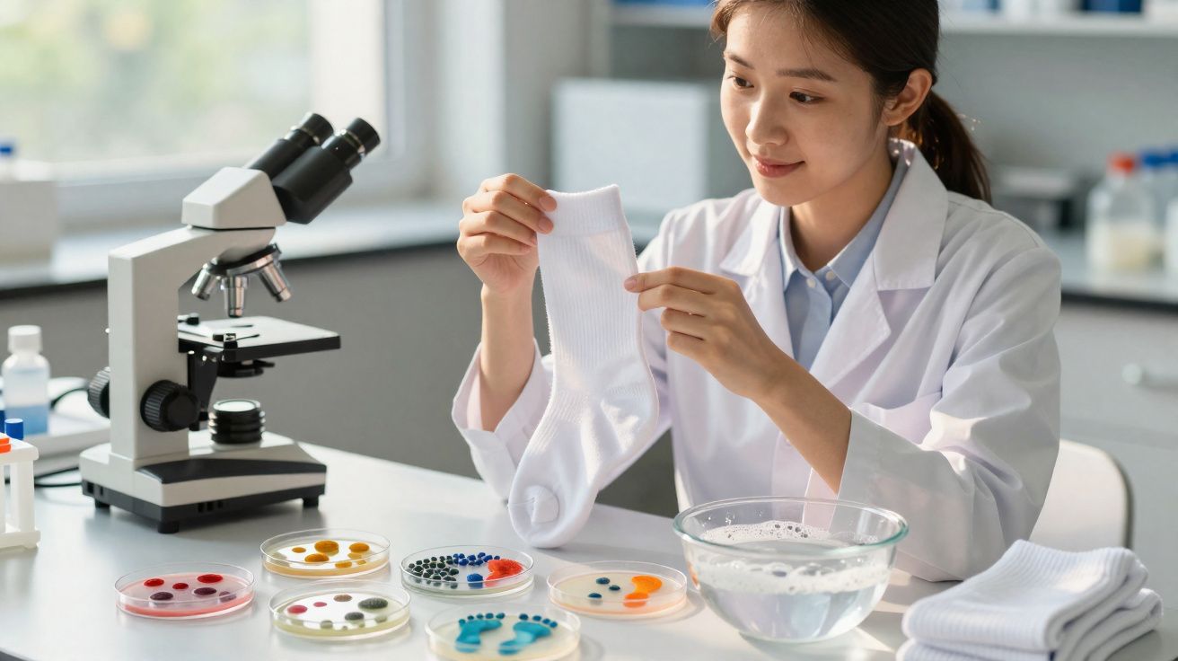 Scientist in lab coat examining a white sock with petri dishes and microscope on the table in lab.