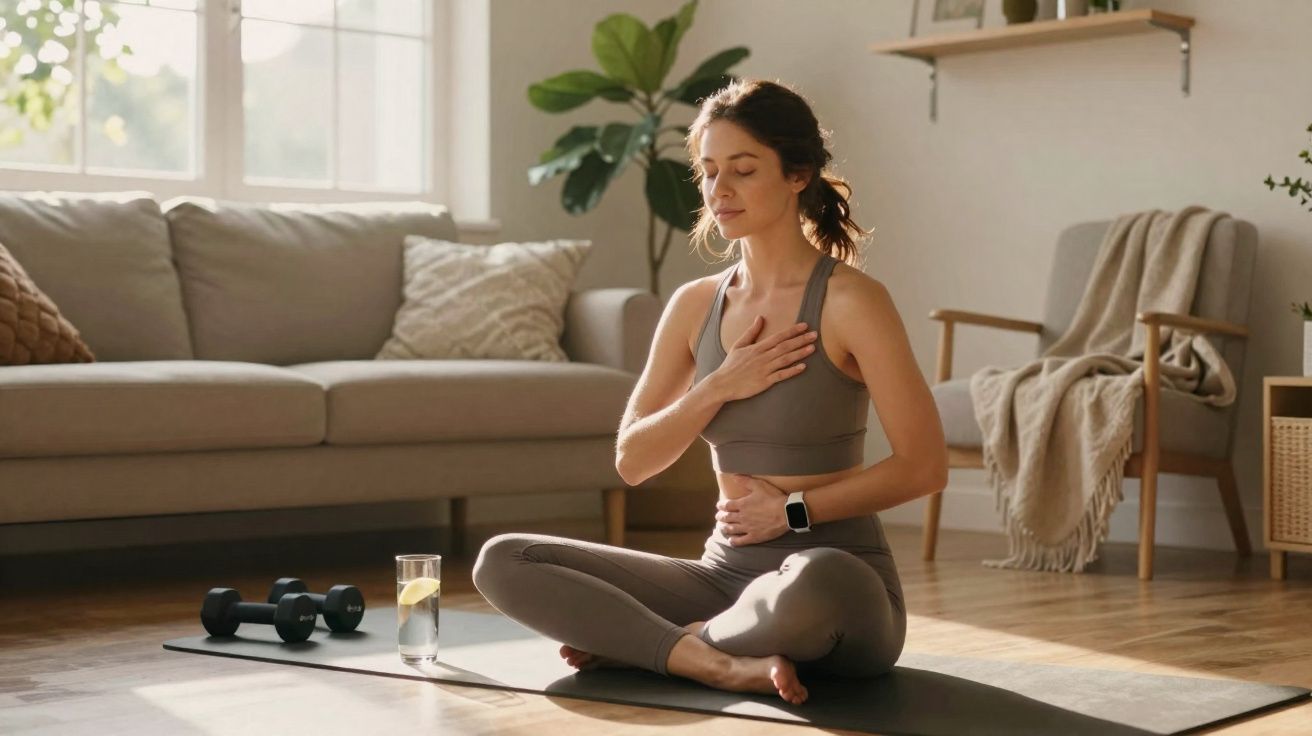 Woman in sportswear practising mindfulness meditation on a yoga mat in a sunlit living room.
