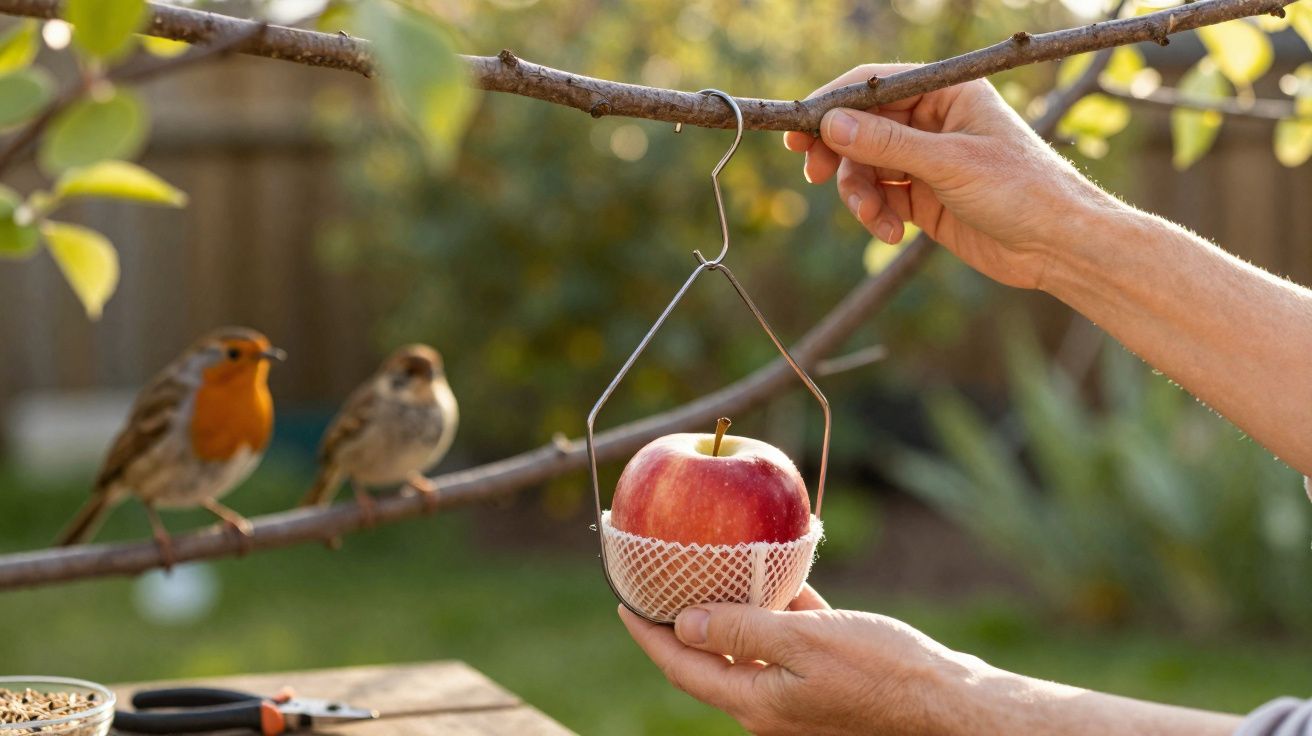 Hands hanging a red apple in a metal feeder on a tree branch with two birds perched nearby in a garden.