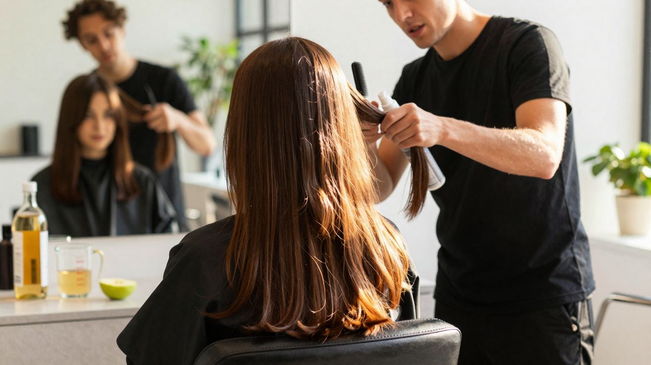 Hairdresser styling a woman’s long brown hair in a bright salon with a mirror and plants in the background.