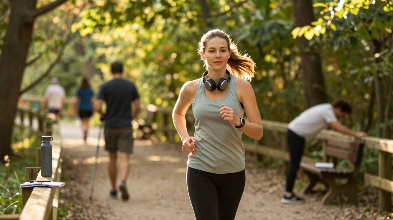 Young woman jogging on a forest trail wearing headphones and fitness tracker with other walkers in the background.