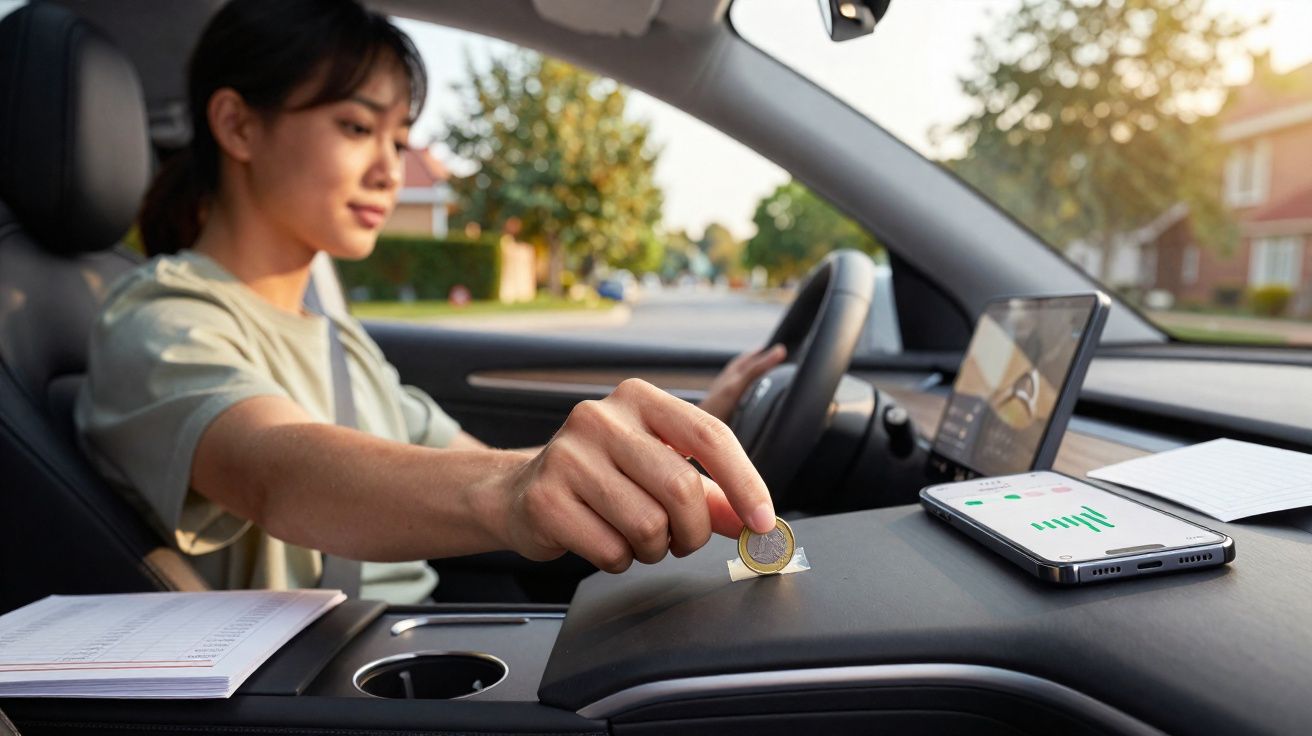 Person placing a coin on a car dashboard with a smartphone showing a financial app nearby.