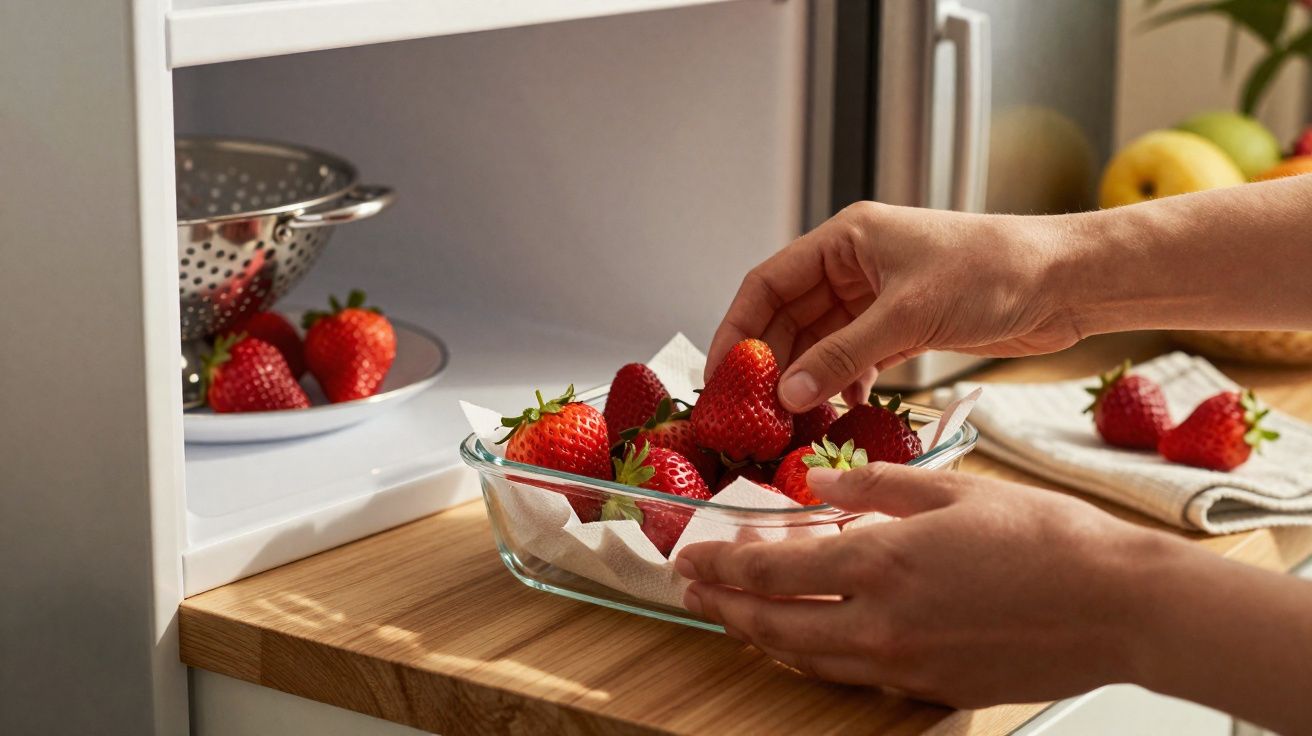 Hands placing ripe strawberries in a glass dish lined with paper towels on a wooden countertop.