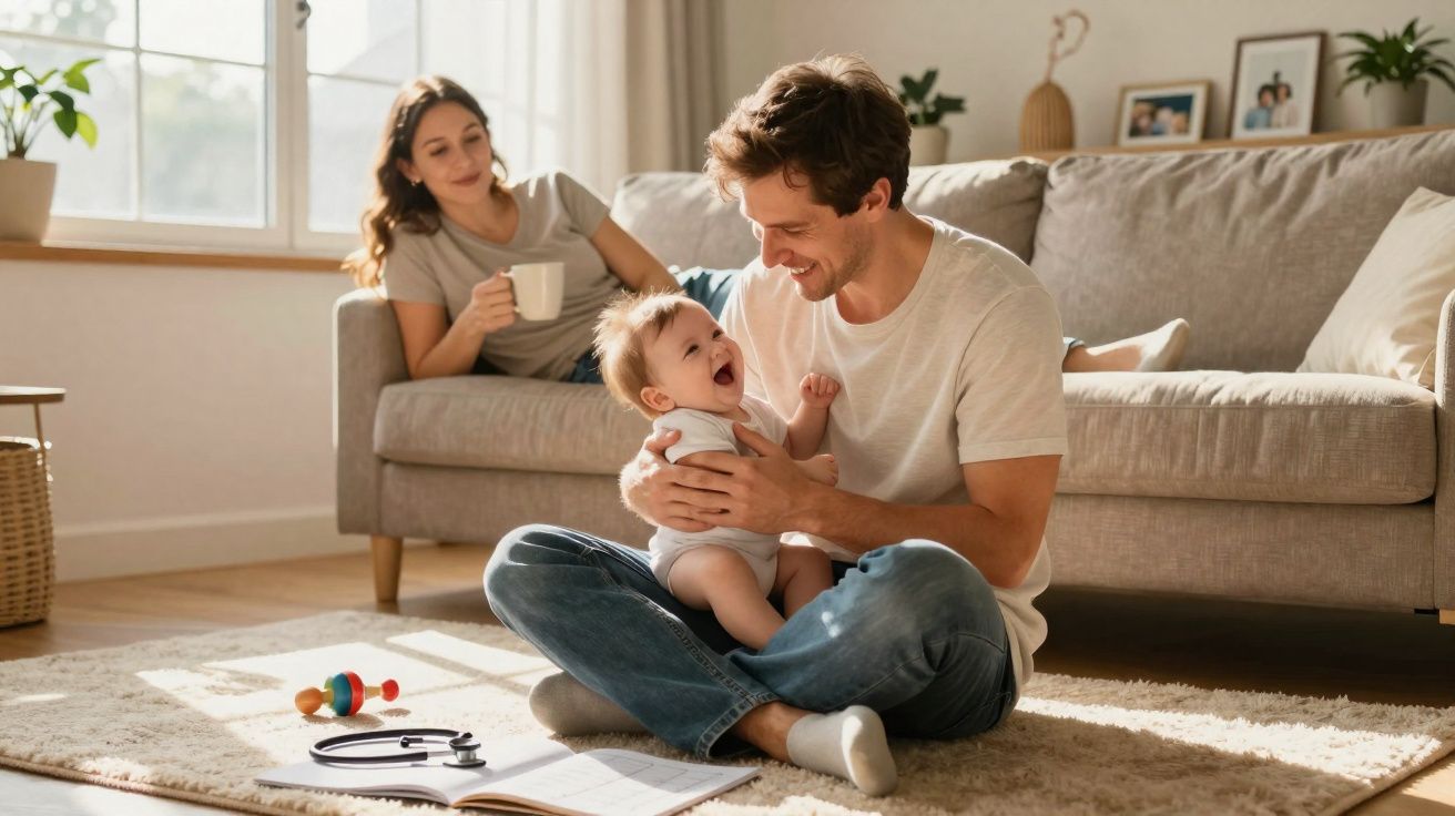 Father sitting on the floor playing with laughing baby, mother relaxing on sofa with a cup in a bright living room.