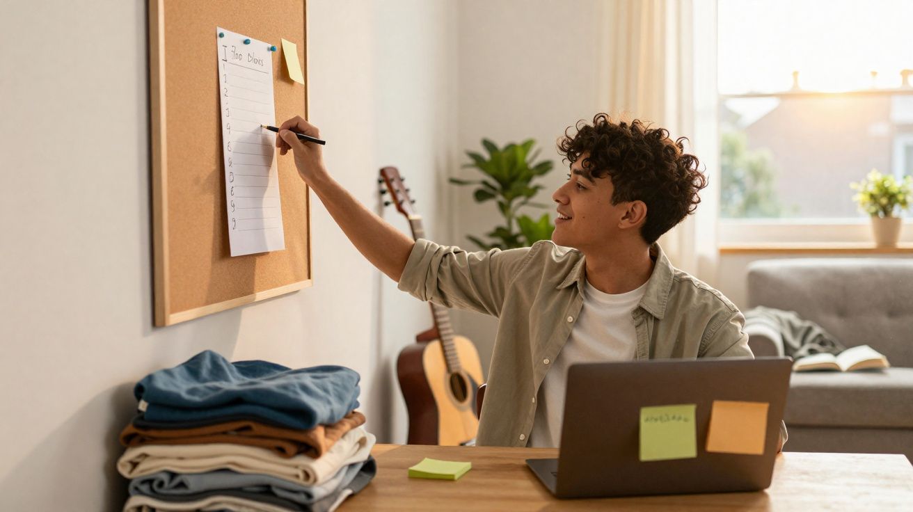 Young man writing a to-do list on a corkboard in a cosy room with a laptop and folded clothes nearby.