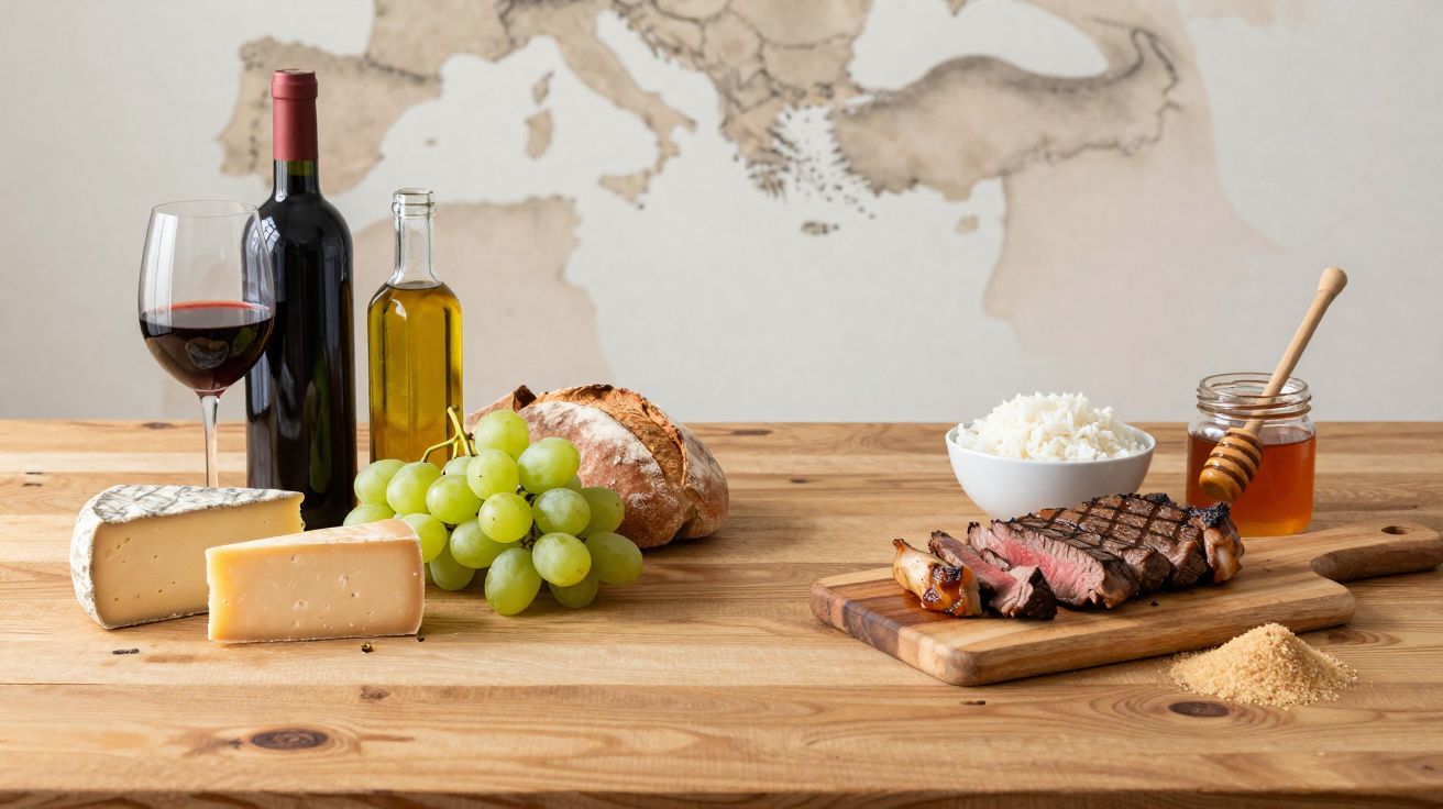 Wine, cheese, grapes, bread, olive oil, steak, rice, and honey arranged on a wooden table with a map backdrop.