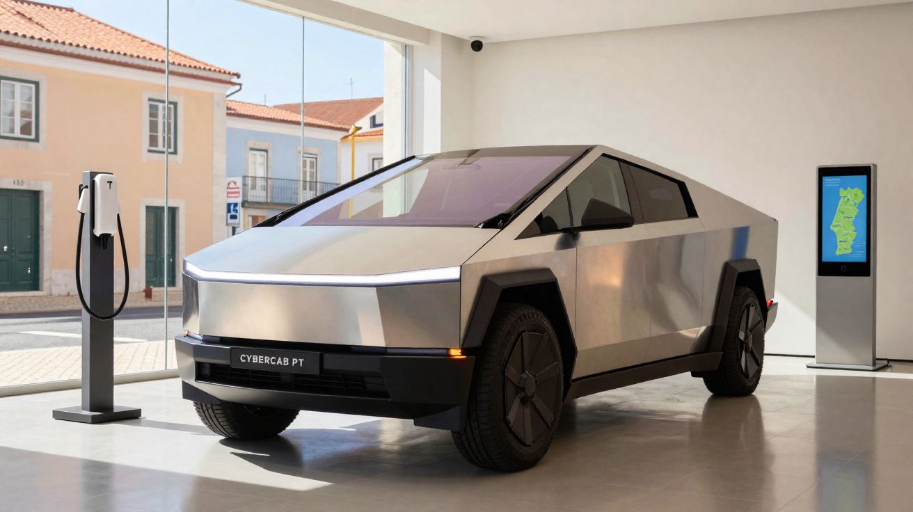 Silver angular electric car labeled CyberCab PT parked indoors next to a charging station and digital map display.