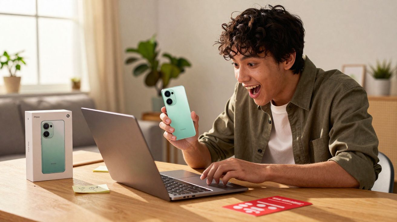 Young man excitedly holding a new mint green smartphone while using a laptop at a wooden table indoors.