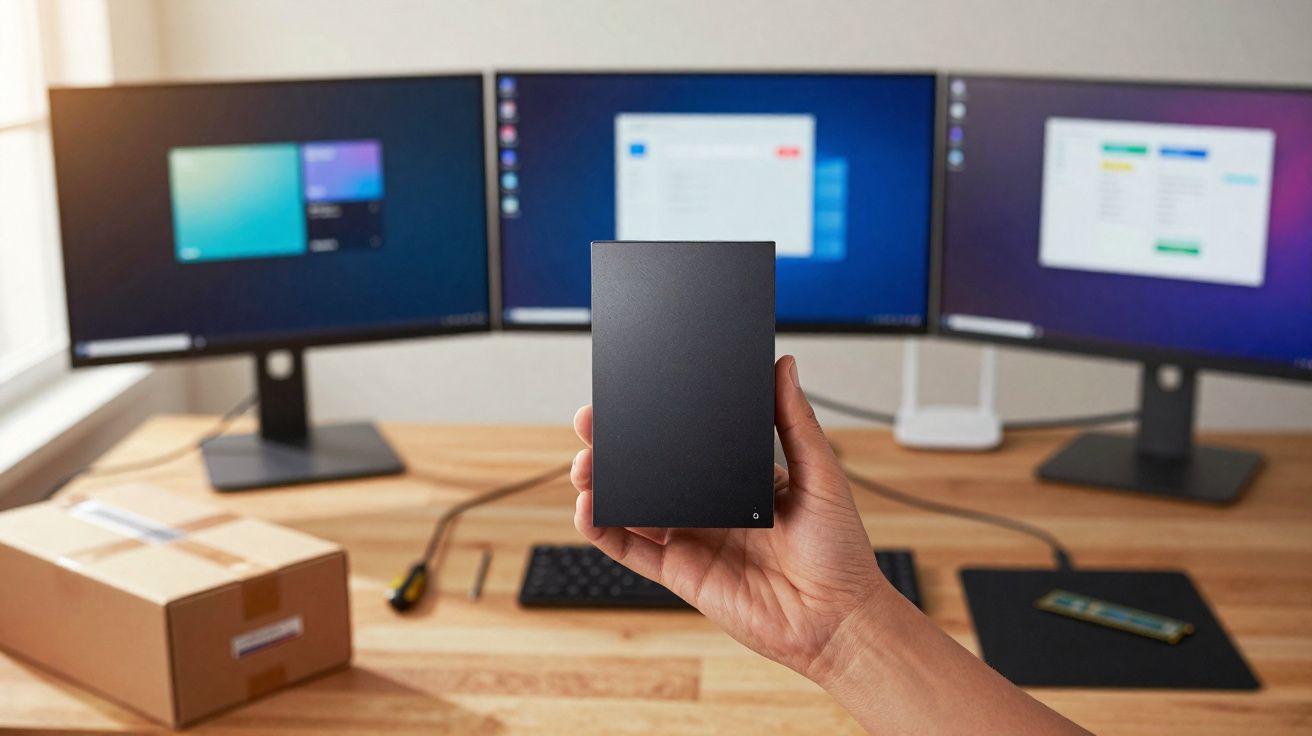 Hand holding a black external hard drive with three computer monitors and a desk setup in the background.