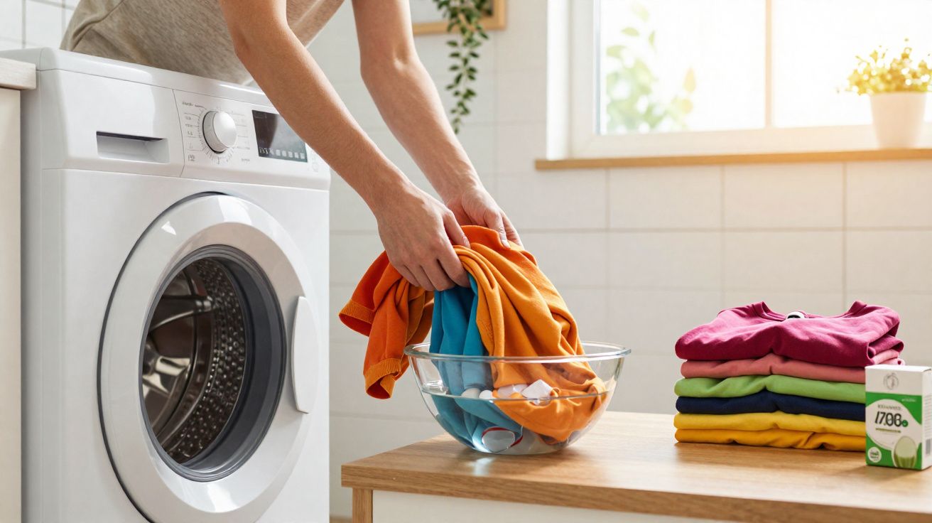 Person placing colourful clothes into a glass bowl next to a washing machine in a bright laundry room.