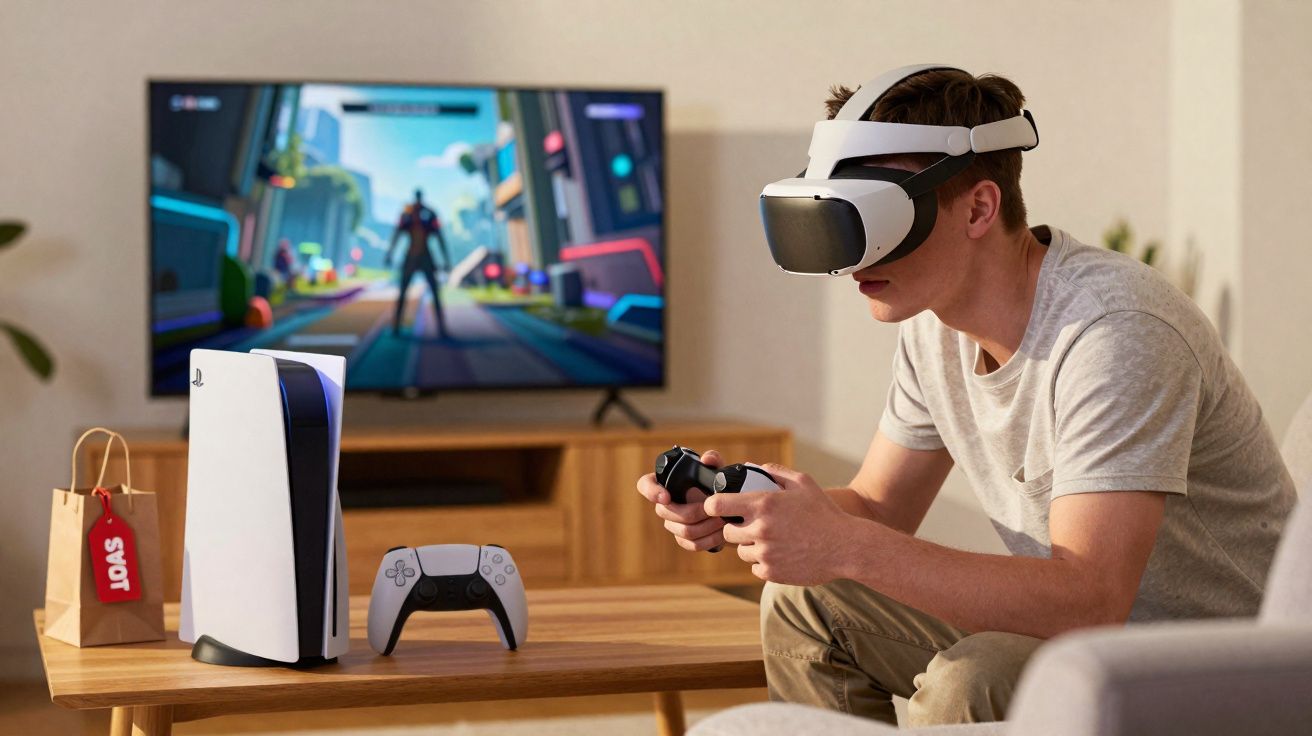 Young man wearing VR headset playing video games with console and controller on table in modern living room.