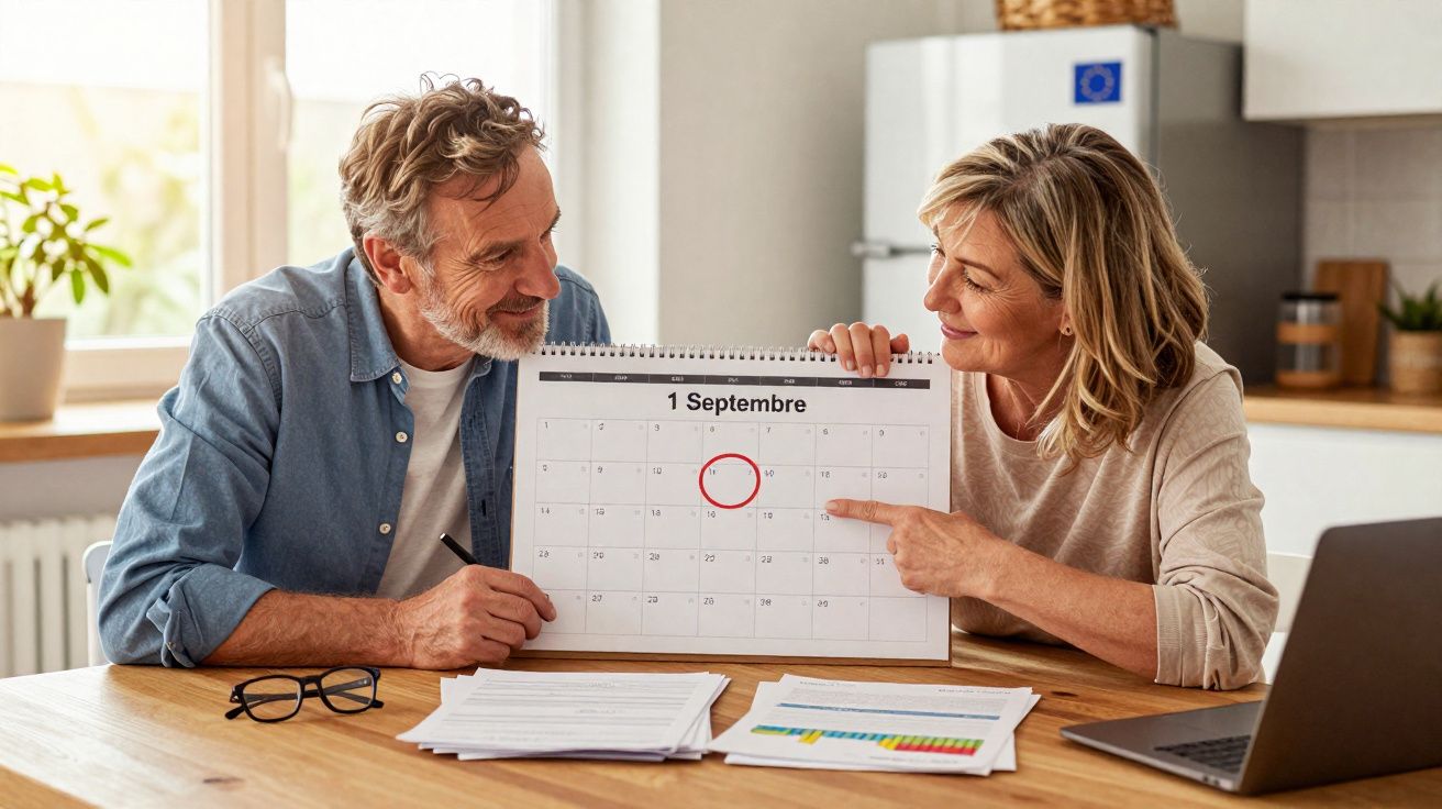 Mature couple sitting at a table in a bright kitchen, pointing at a calendar date circled in red.