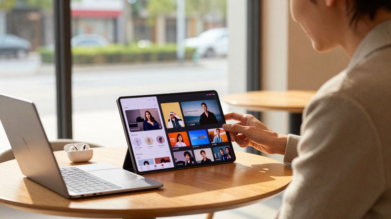 Person attending a video conference on a tablet at a round wooden table with a closed laptop and wireless earbuds.