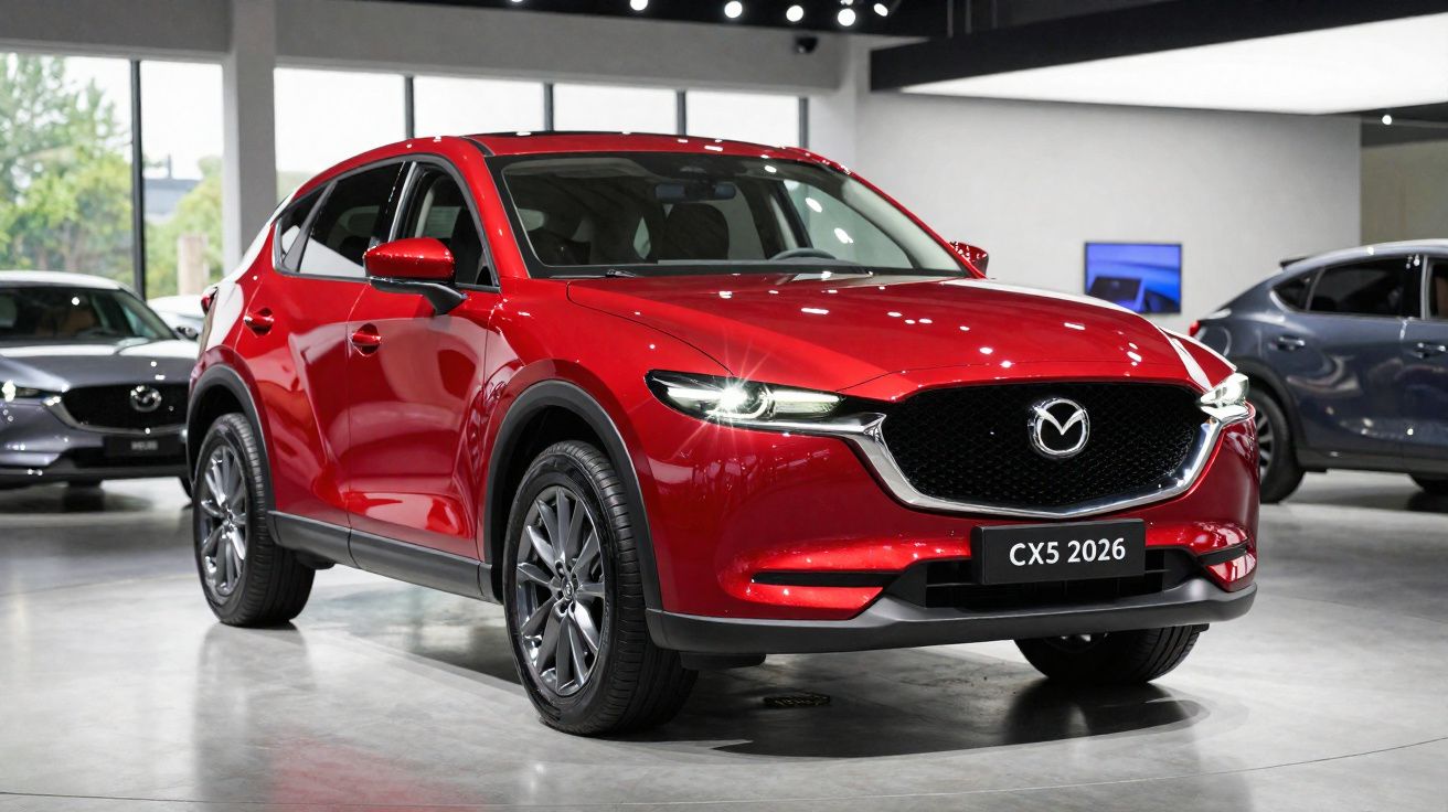 Red Mazda CX-5 2026 model SUV displayed indoors with headlights on and glossy finish.