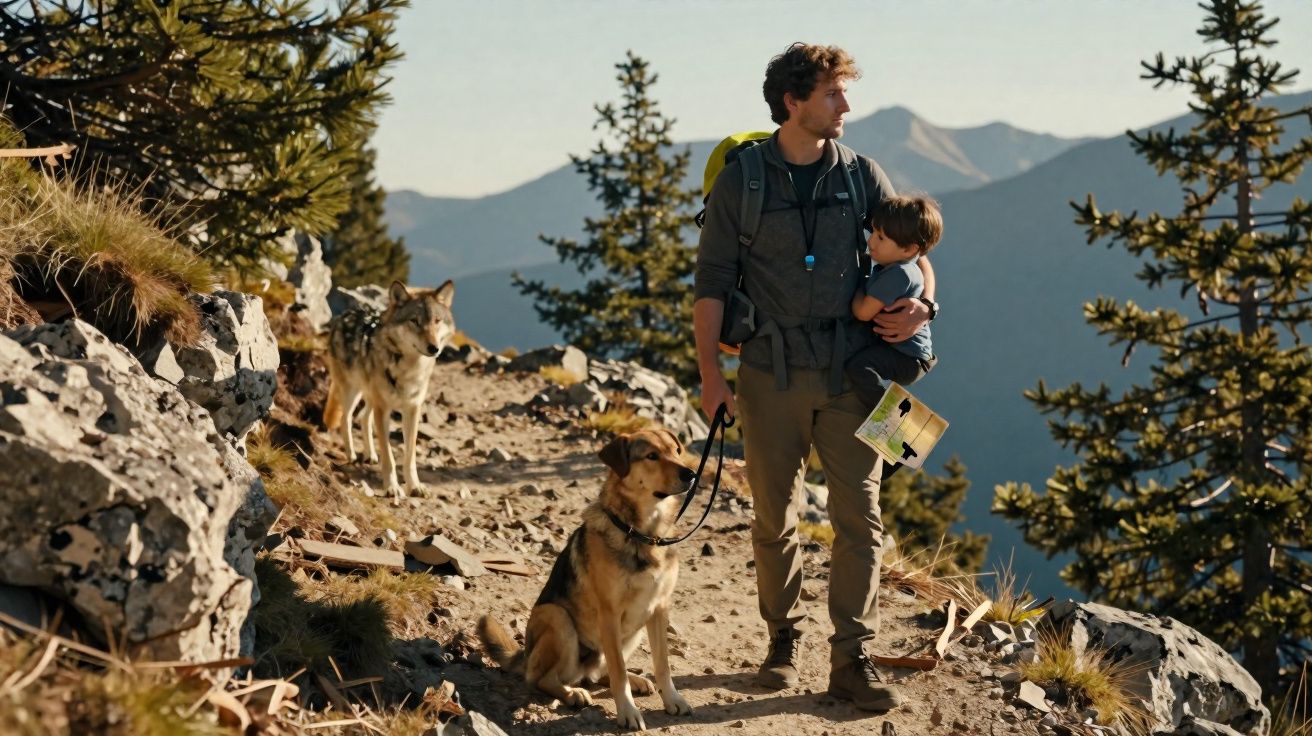 Man holding child with dog and wolf on a rocky mountain trail surrounded by pine trees and distant peaks
