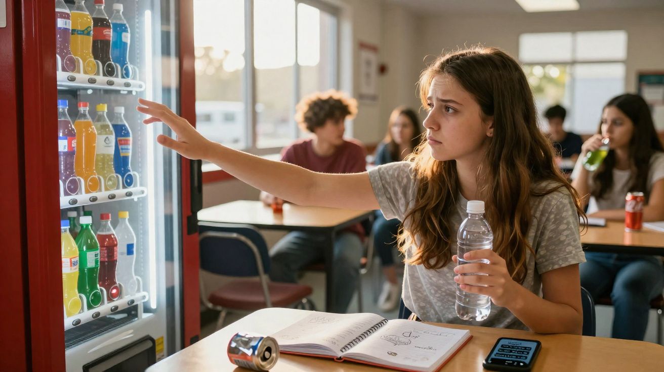 Teenage girl holding a water bottle reaching for a drink from a vending machine in a classroom.