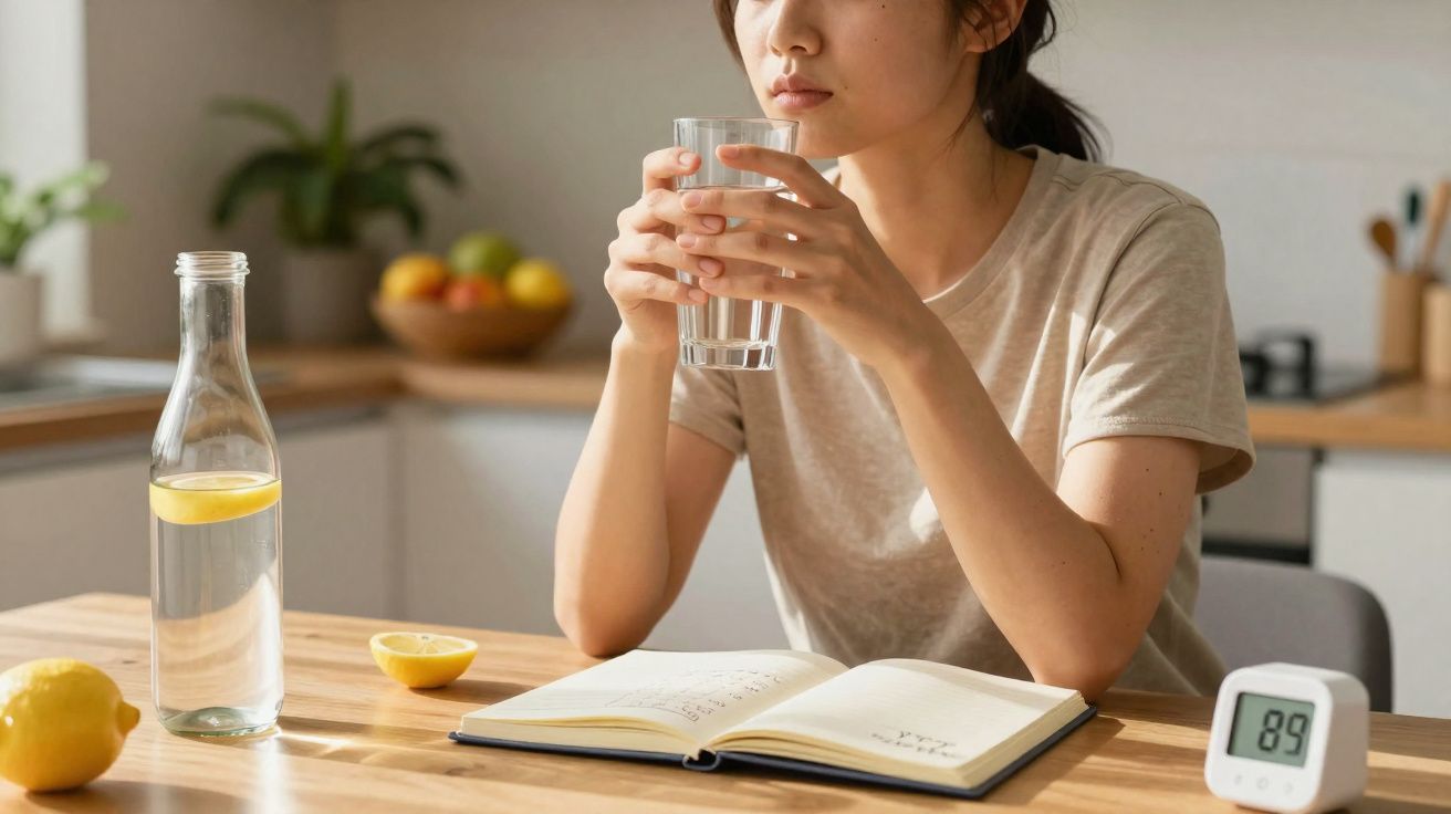 Woman sitting at a table holding a glass of water with a notebook, lemon, and digital timer in a kitchen.