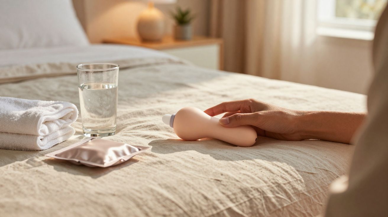 Person holding a small handheld massage device on a bed with towels, a hot water bottle, and a glass of water.