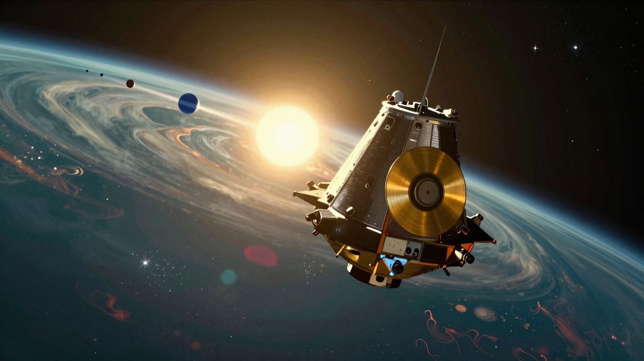 Spacecraft in orbit near Earth with the Sun and planets aligned in the background.