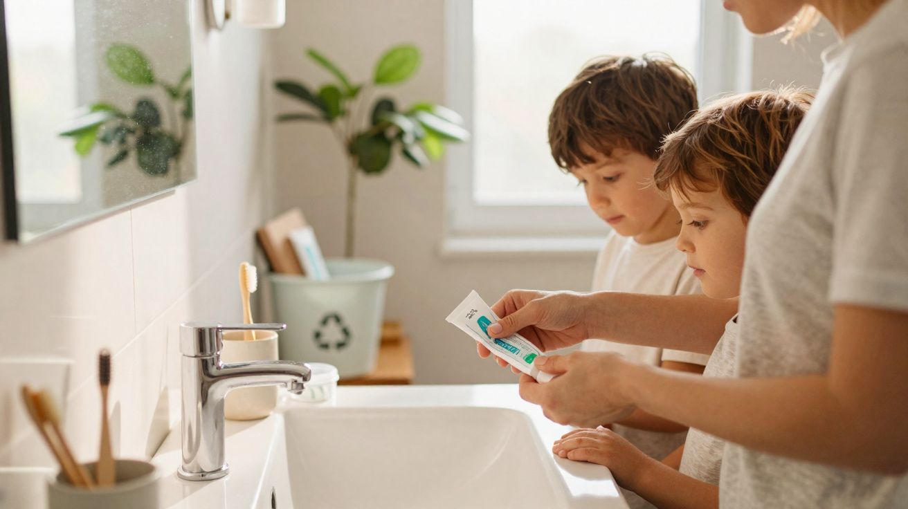 Adult showing two young boys how to use toothpaste in a bright bathroom with plants and eco-friendly decor.