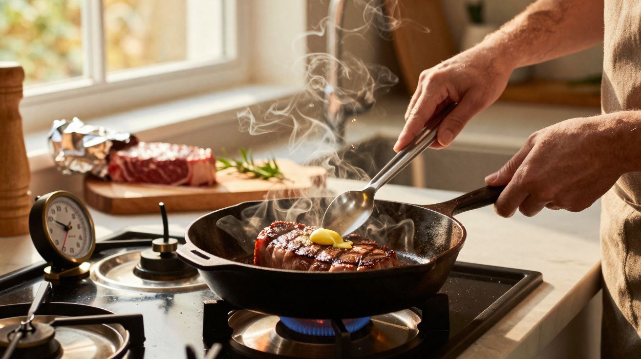 Hands cooking steak with butter on cast iron pan over a gas stove in a bright kitchen.
