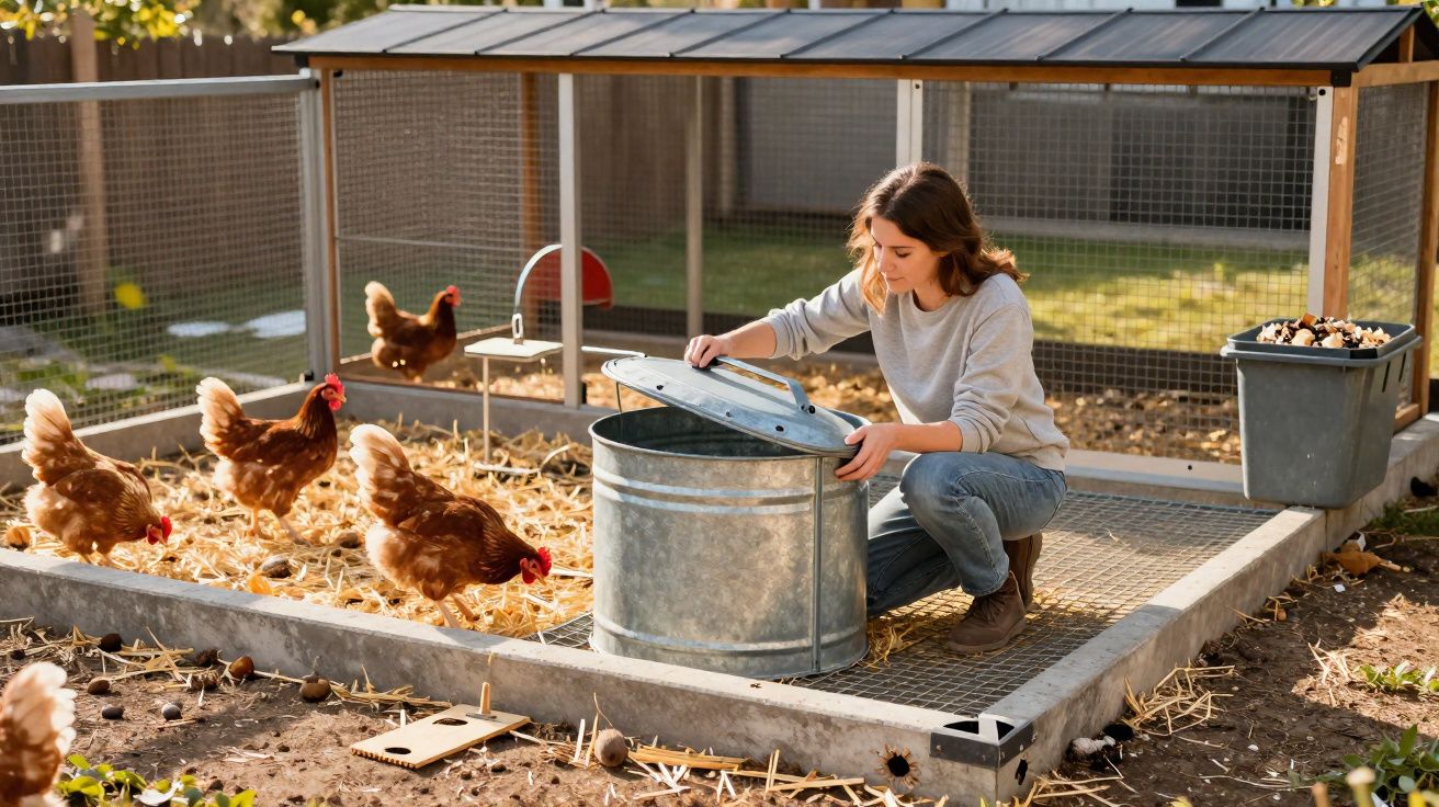 Woman lifting lid of metal bin inside chicken coop with four hens nearby on a sunny day