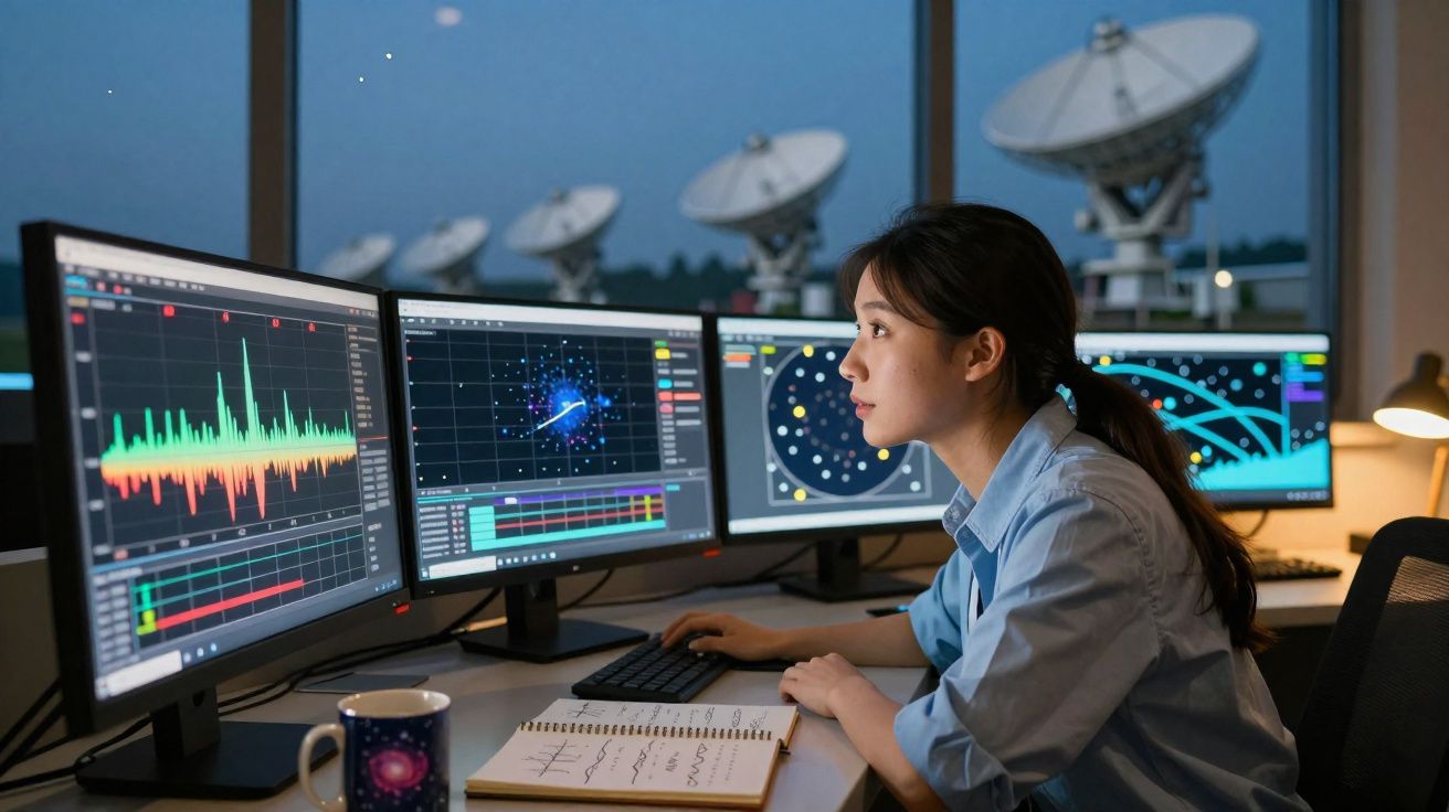 Woman analysing data on multiple computer screens in an observatory with satellite dishes outside at dusk