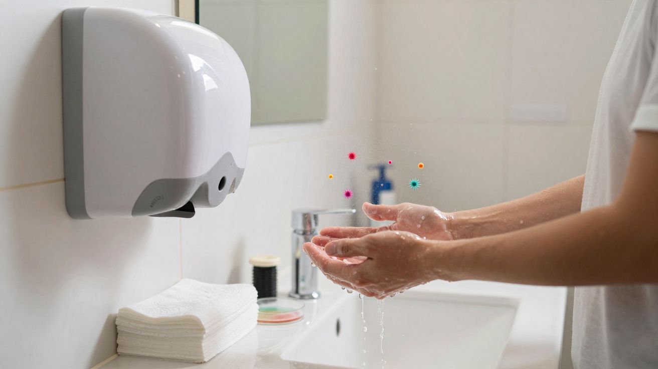 Person washing hands under automatic soap dispenser with illustrated germs being removed in bathroom sink area.