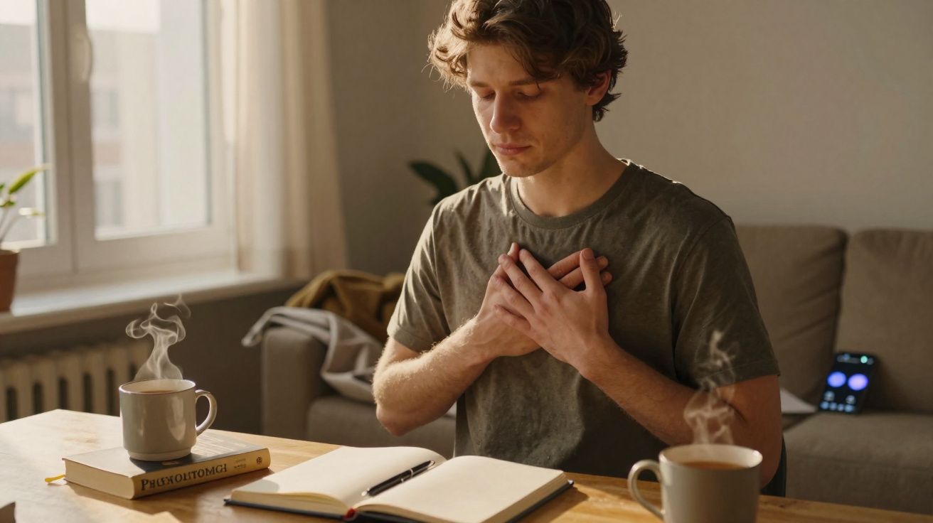 Young man sitting at a table with a notebook, holding his chest as if in discomfort, with hot drinks nearby.