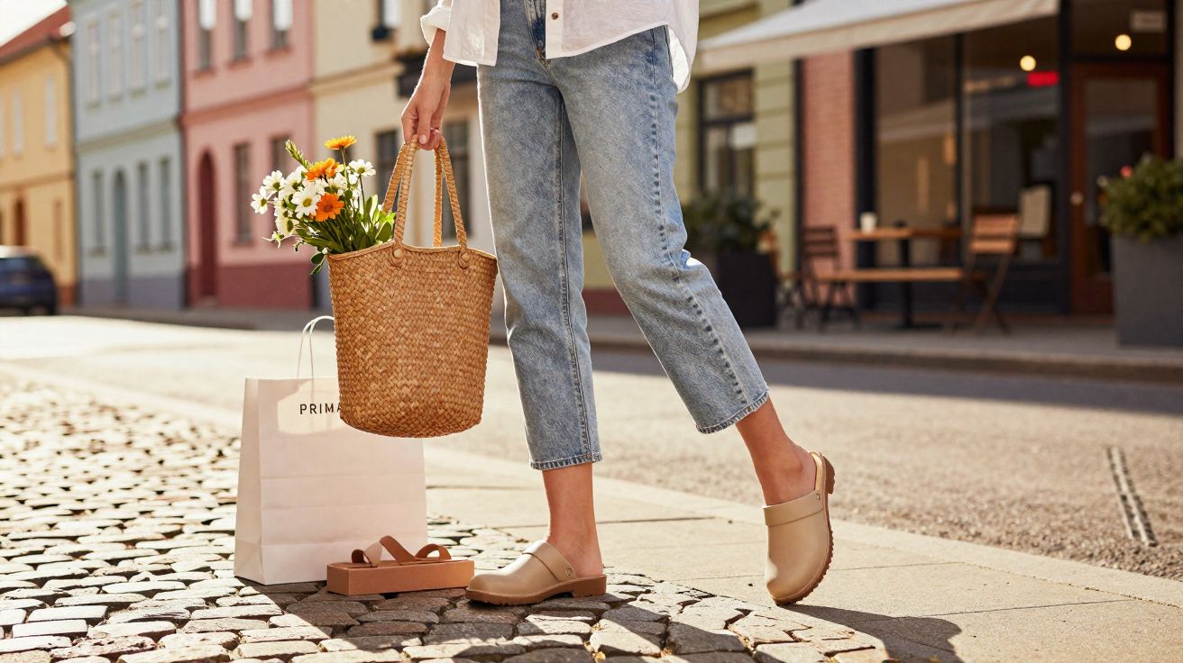 Person wearing beige clogs and jeans holding a wicker bag with flowers beside shopping bags on a cobbled street.