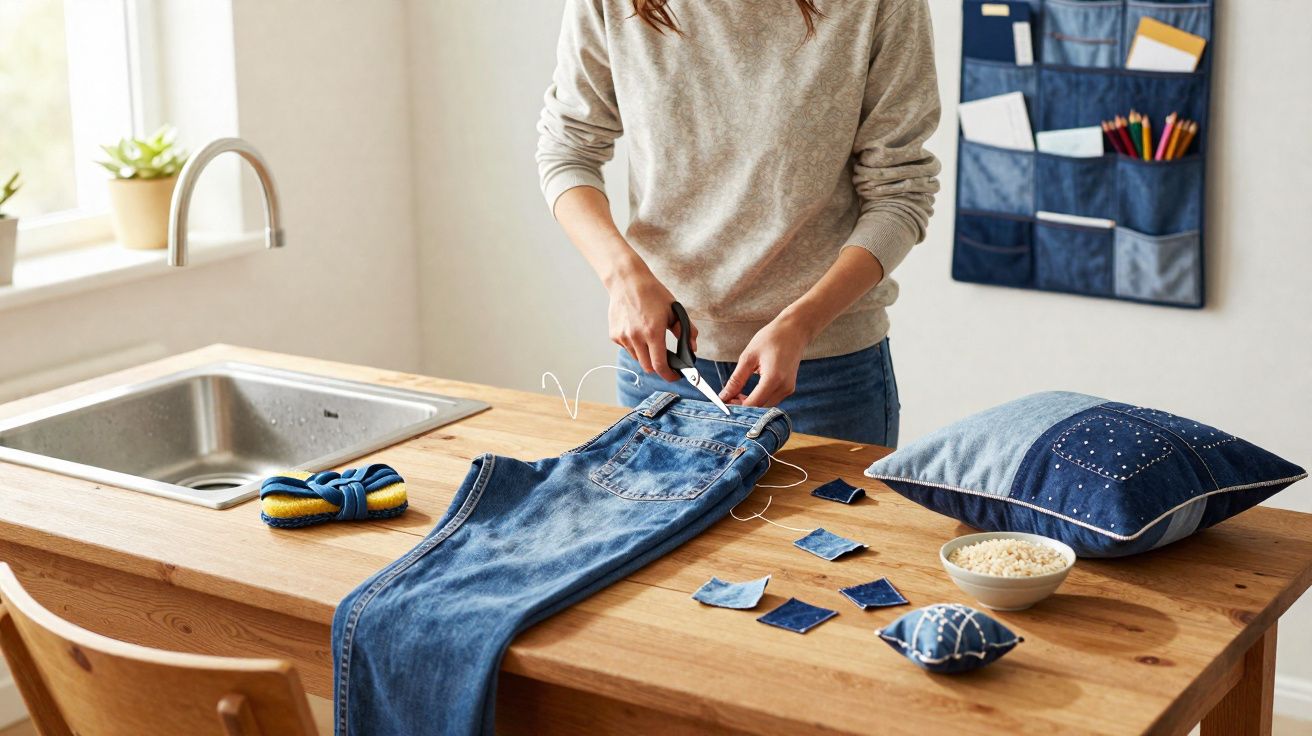 Person cutting denim fabric patches on jeans at a wooden table with sewing supplies nearby in a bright room.