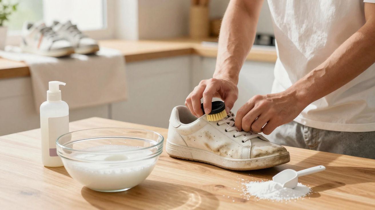 Person cleaning a dirty white sneaker with a brush on a wooden table with cleaning supplies nearby.
