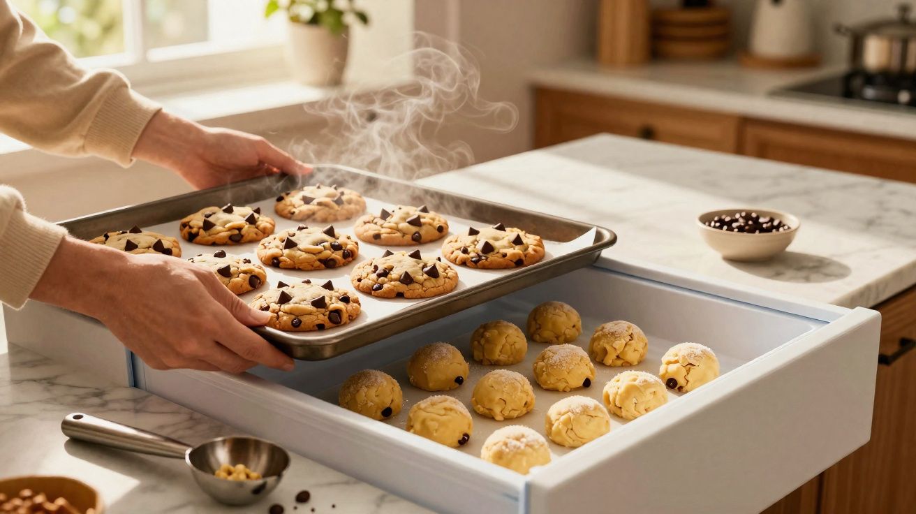 Hands removing a tray of steaming freshly baked chocolate chip cookies from an oven drawer with cookie dough balls below.