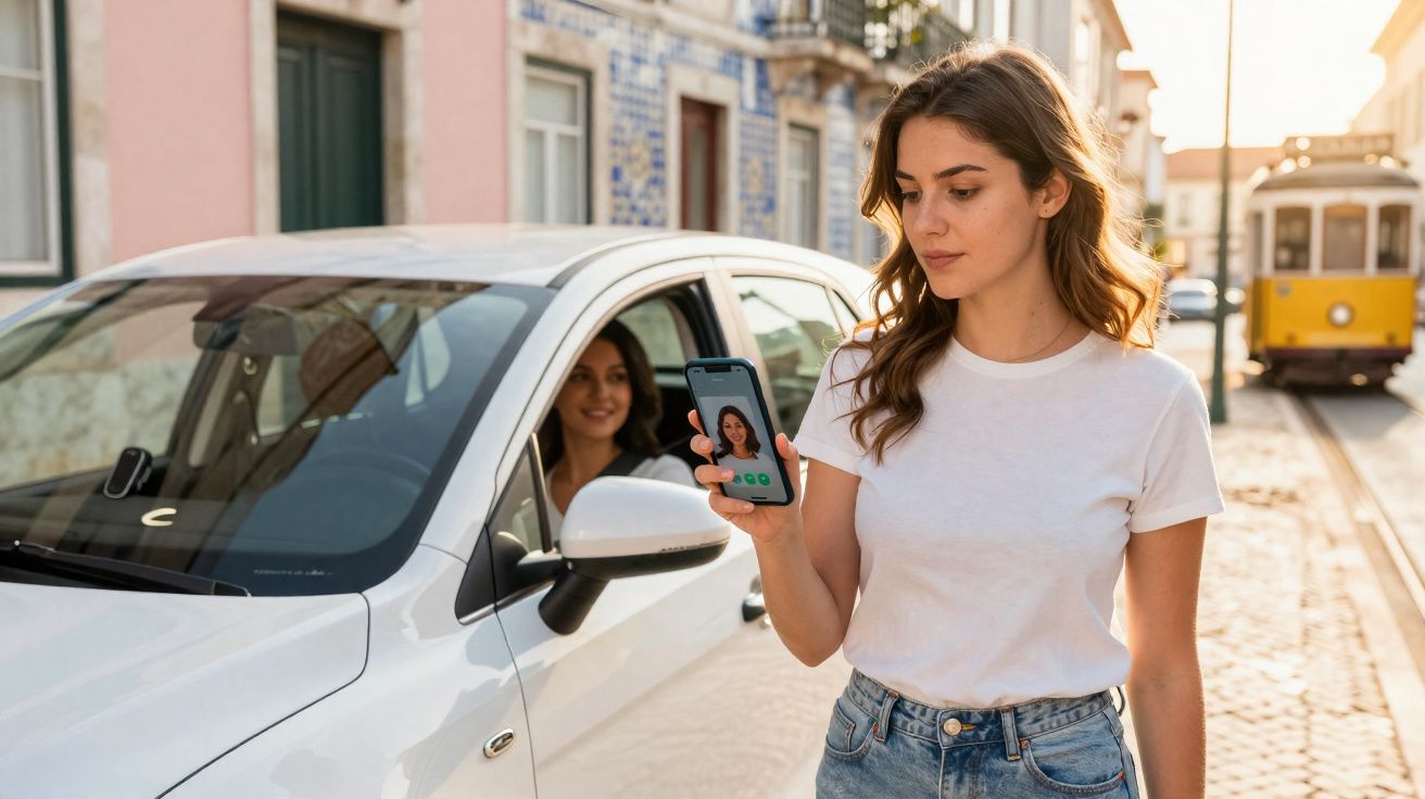 Woman standing by car showing phone with image of woman sitting inside, street and tram in background.