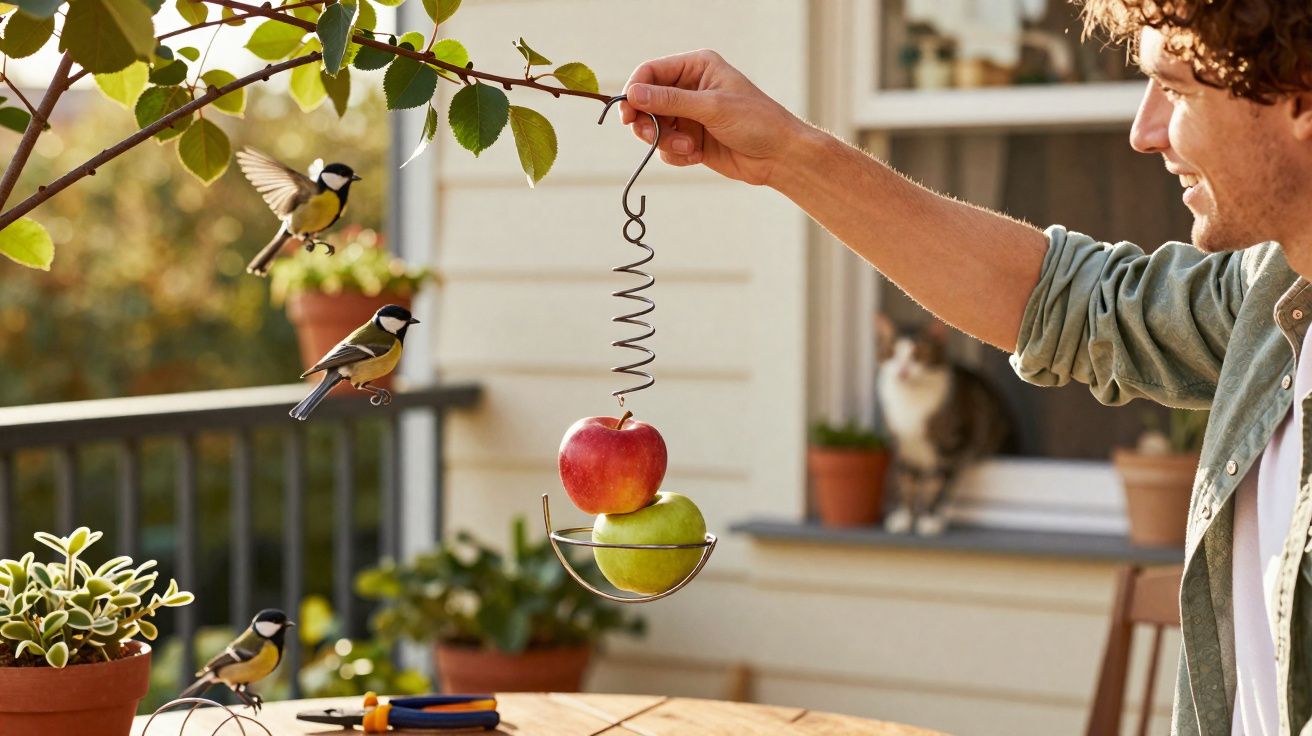 Man holding a hanging apple feeder attracting three birds on a sunny balcony with plants and a cat in the background.