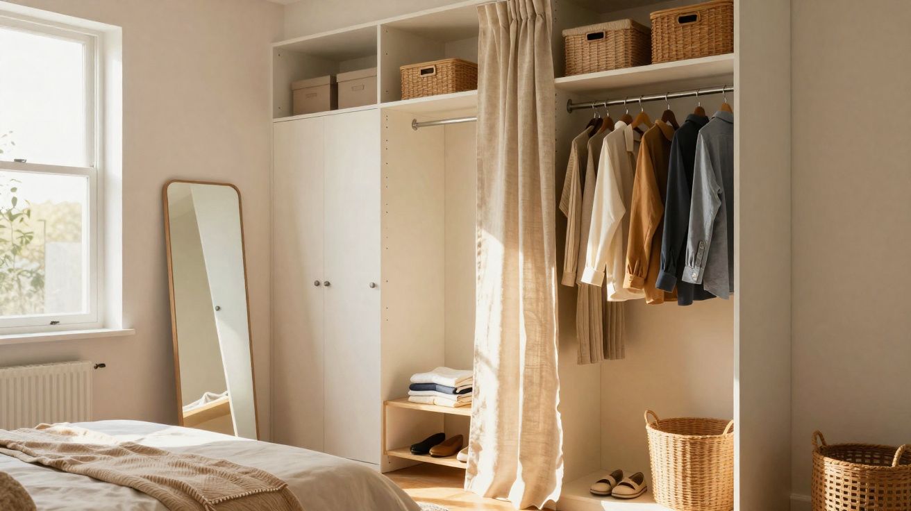 Bright bedroom with open wardrobe, hanging clothes, wicker baskets, and a leaning mirror by the window.