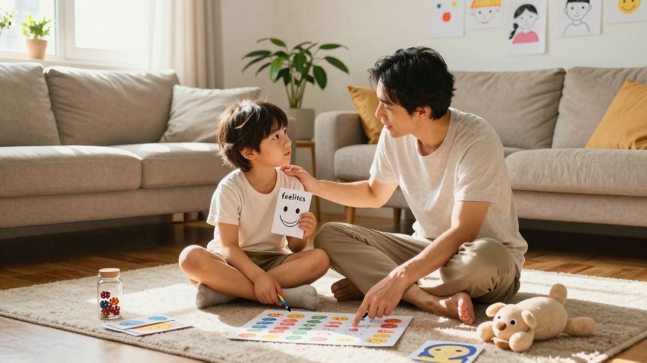 Father and son playing a colour matching game on the carpet in a cosy living room.