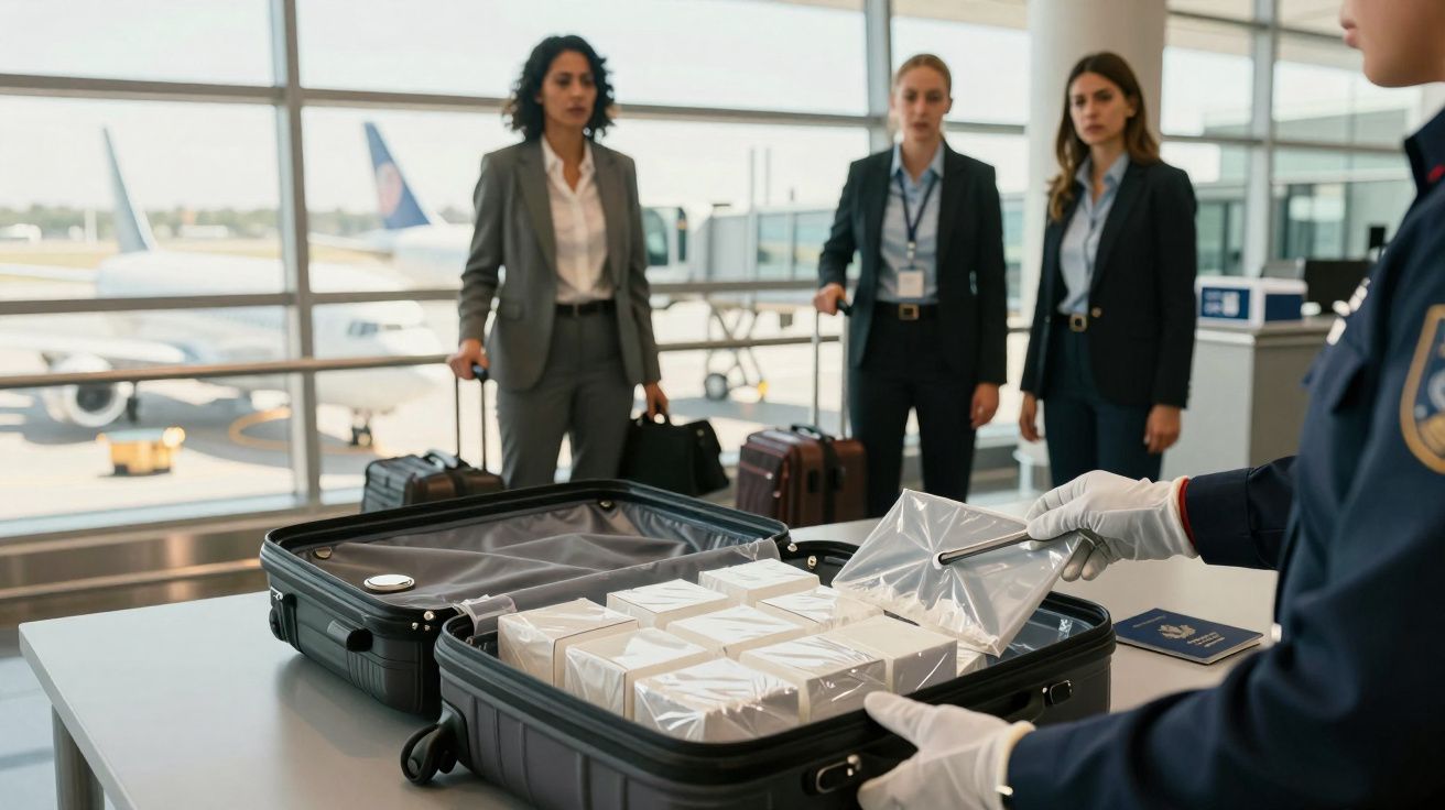 Airport security officer inspecting a suitcase full of neatly packed white boxes with three businesswomen waiting.