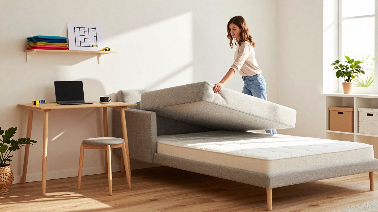 Woman folding a grey sofa bed in a bright, minimalist room with a wooden desk and plants.