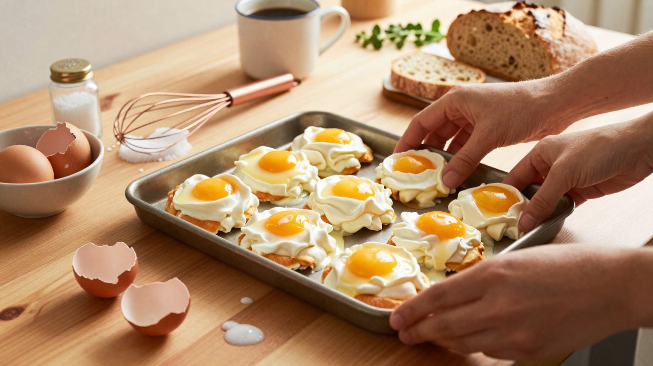 Hands holding a tray of freshly baked meringue nests topped with sunny-side-up eggs on a wooden table.