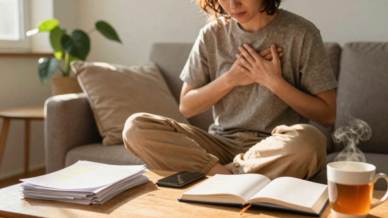 Woman sitting cross-legged on a sofa holding her chest, surrounded by papers, a phone, an open notebook, and a steaming cup o