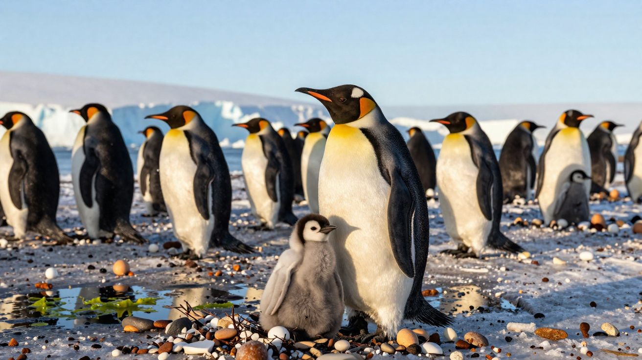 Group of emperor penguins on icy ground with one adult and chick in focus among scattered pebbles and snow.