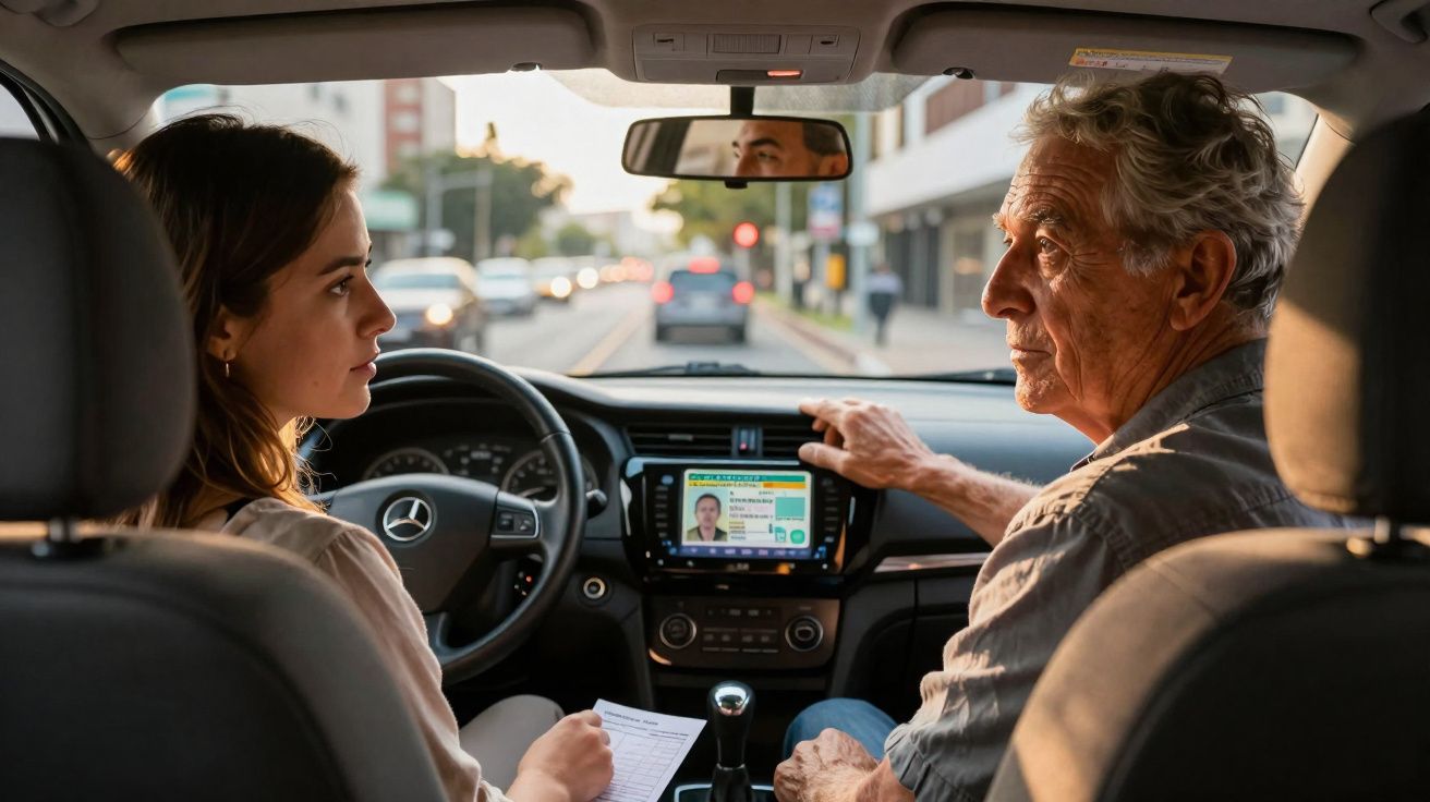 Older man teaching a young woman to drive inside a car with driving license information on the dashboard screen.