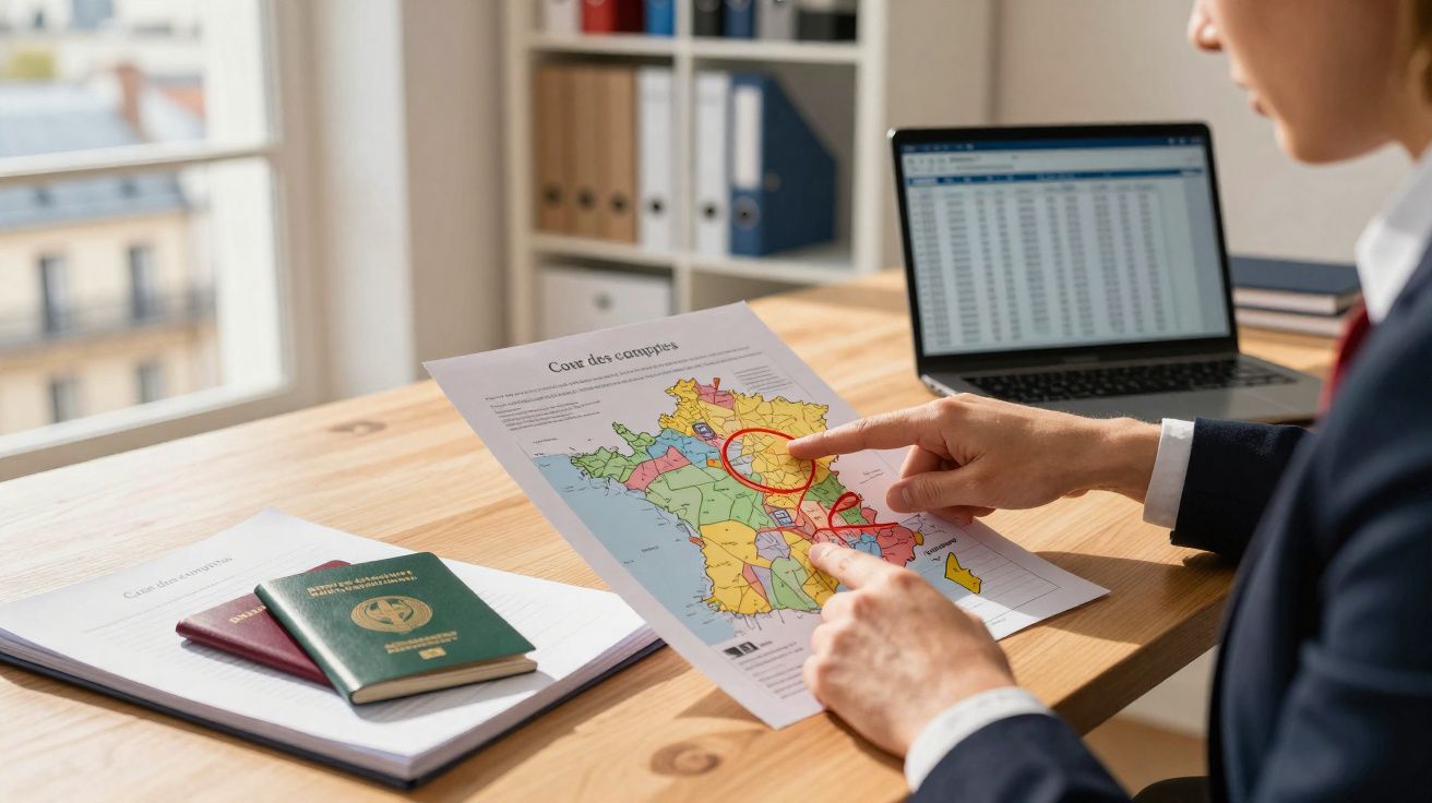 Person pointing at a circled area on a map of France at a desk with passports and a laptop nearby.